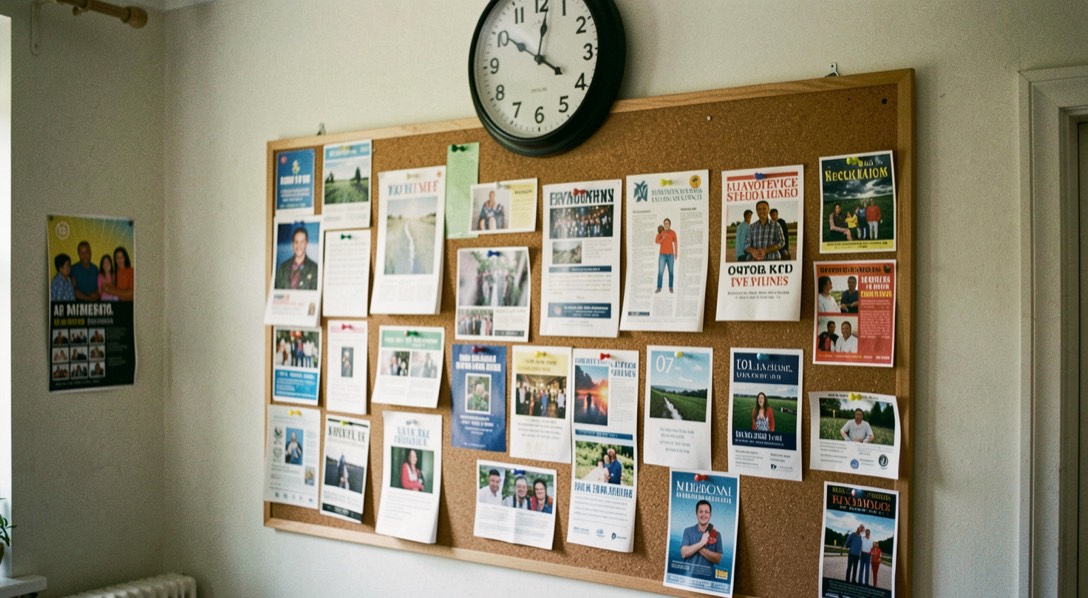 Community cork board covered with colorful flyers pinned in rows under a clock on a pale wall