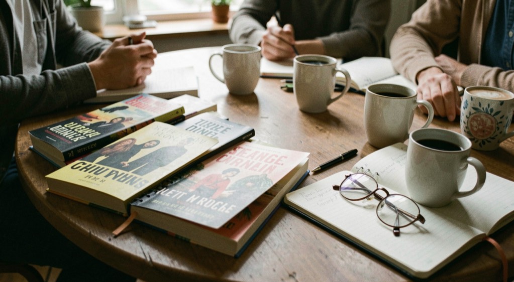 Book club table with paperbacks fanned out, mugs of coffee and reading glasses beside an open notebook