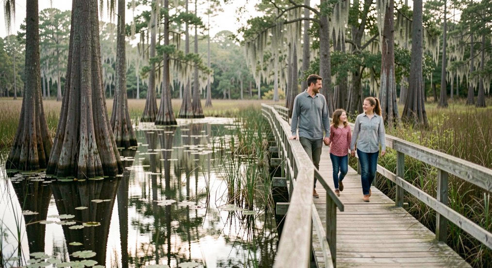 Family walking a boardwalk trail over a wetland preserve with cypress trees and still water reflections