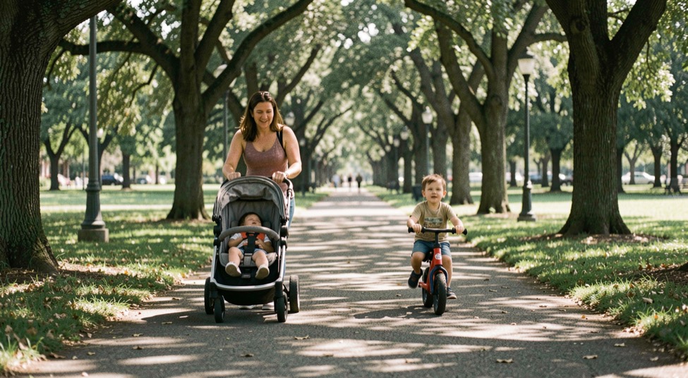 Parent pushing a stroller on a shaded park path while a child rides a balance bike ahead between oak trees