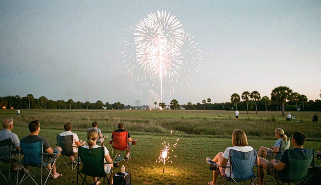 Wide evening view of families on lawn chairs waiting for fireworks over a Florida field with sparklers glowing near the front