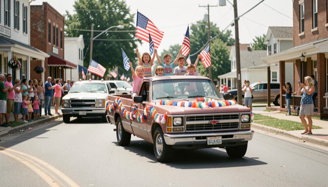 Small town Independence Day parade with a decorated pickup truck carrying flag-waving children down a sunny street