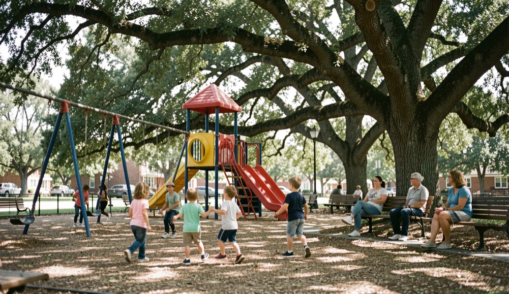 Children playing on a shaded public playground while parents watch from benches under large oak trees