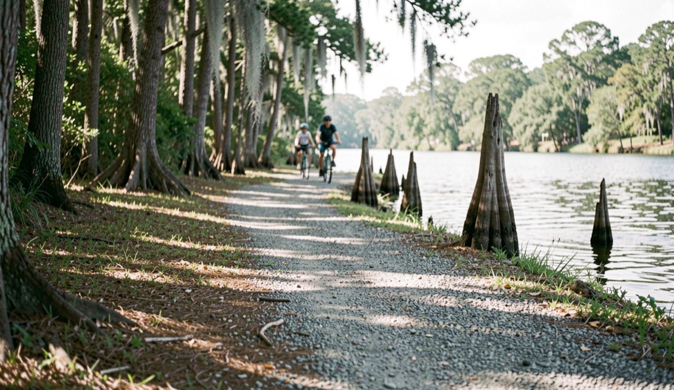 Shaded gravel trail along a Florida river with cypress knees at the water edge and a family cycling in the distance