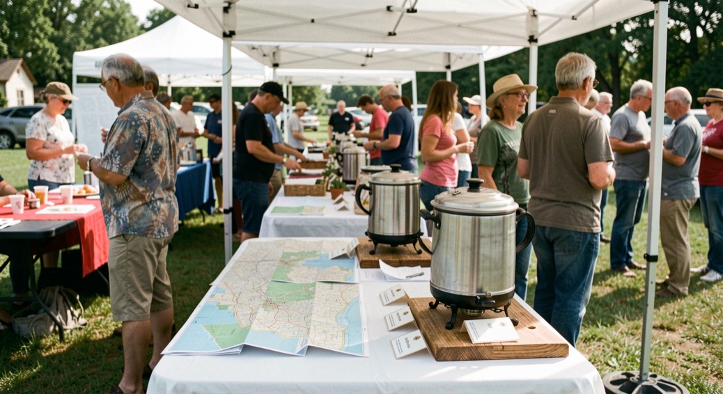 Long community event table with folded maps, name tags and a coffee urn under a white canopy on a Saturday morning