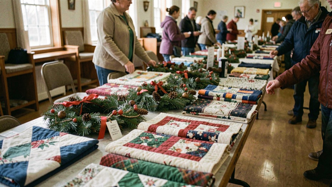 Handmade holiday wreath and folded quilts laid out on a long table for a community sale in a parish hall
