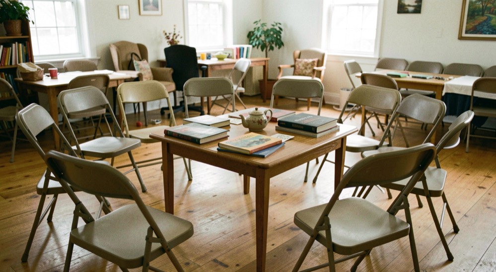 Circle of folding chairs around a card table with novels and a teapot in a bright community meeting room