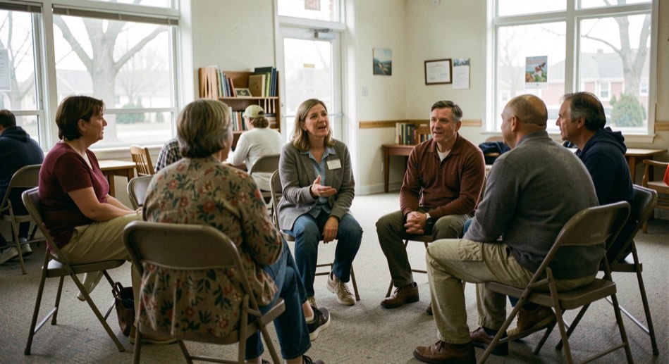 Small group of neighbors sitting in a circle of folding chairs at a community center, one person mid-sentence welcoming others