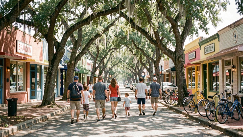 Families walking under live oak shade on a sunny main street in Brandon Florida, with colorful storefronts and bicycles leaning on posts