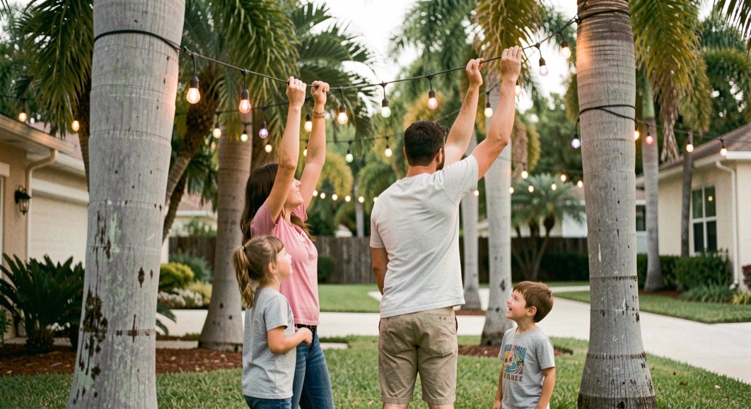 Family in short sleeves hanging string lights on palm trees in their front yard before the holidays