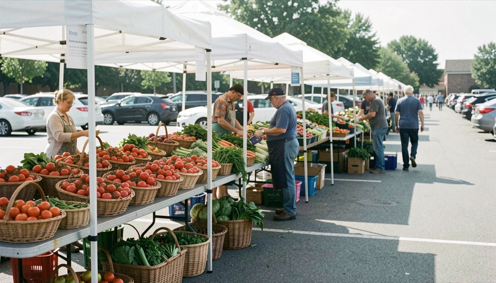Farmers market stalls with baskets of tomatoes and greens under white canopies on a bright parking lot morning