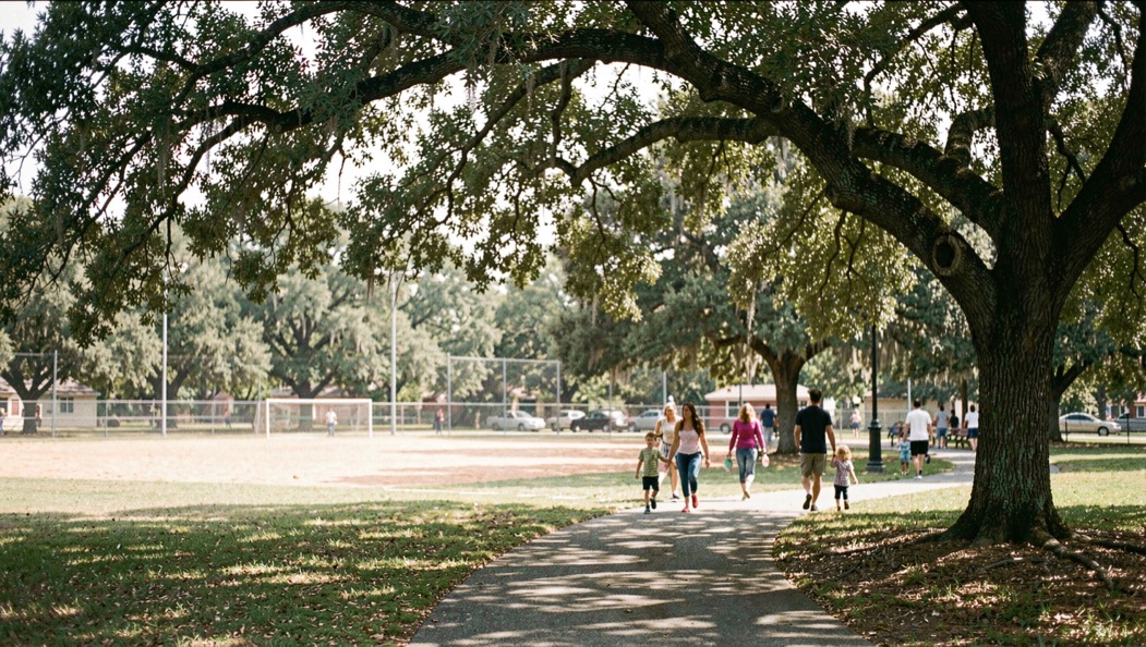 Shaded public park with a ball field, oak canopy and a paved loop path where families walk in the morning