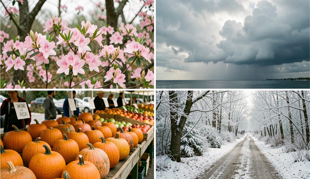 Four Florida scenes in a grid: spring azaleas, summer storm clouds, fall market pumpkins and a mild winter trail