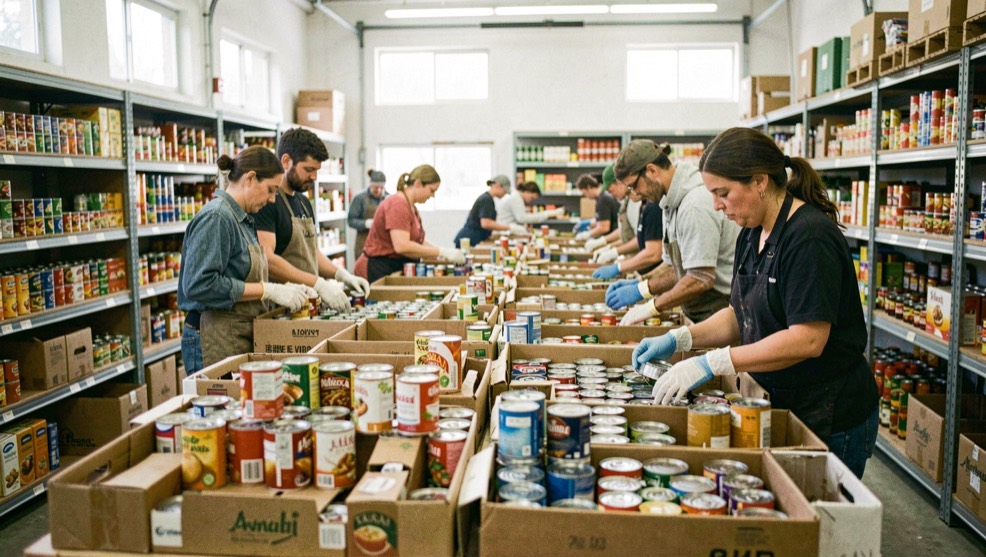 Volunteers in gloves sorting boxed canned goods on long tables inside a bright food pantry warehouse