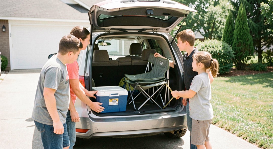 Family loading a cooler and folding chairs into a car trunk on a bright Saturday morning in a driveway