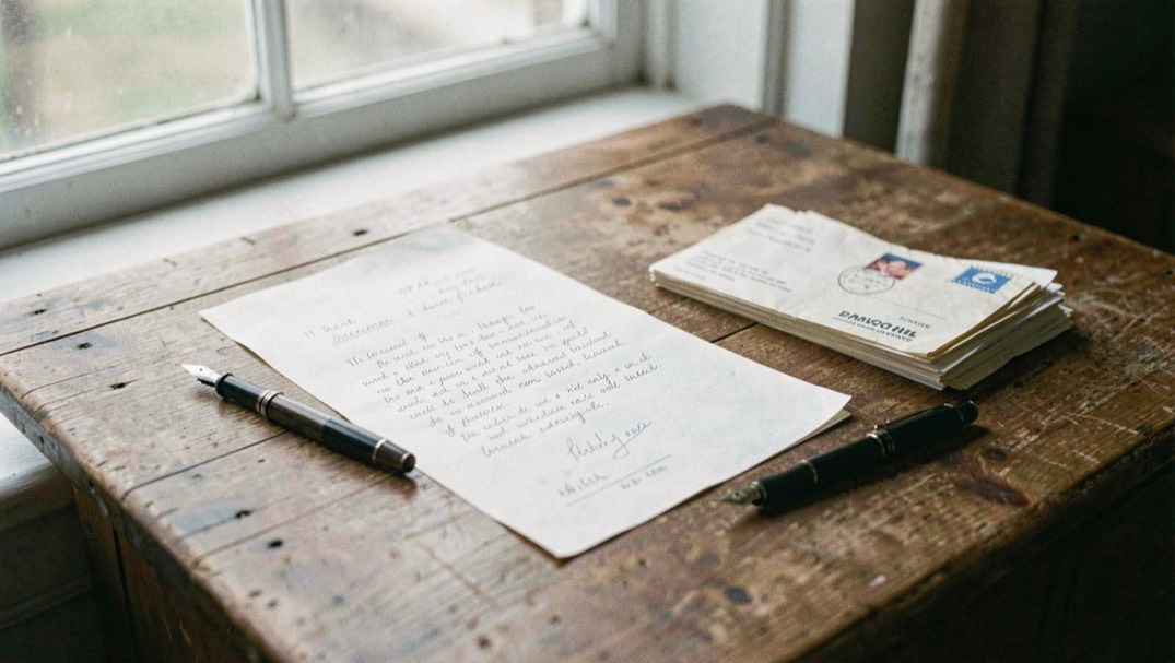 A kitchen table in late afternoon light, covered with a year of utility bills, a calculator and a notebook with columns of kilowatt hours, shot from above at a slight angle.