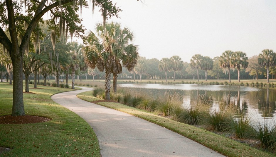 Paved walking path curving beside a calm retention pond lined with young live oaks, cabbage palms and tall grass in soft early morning light